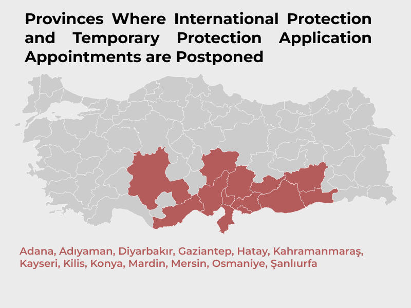 Map of Turkey showing provinces where temporary and international protection appointments are postponed.